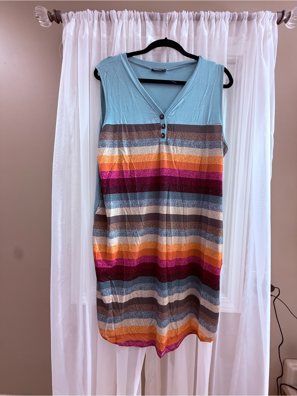 Sleeveless V-Neck Stripe Summer Tunic - Aqua & Multicolor